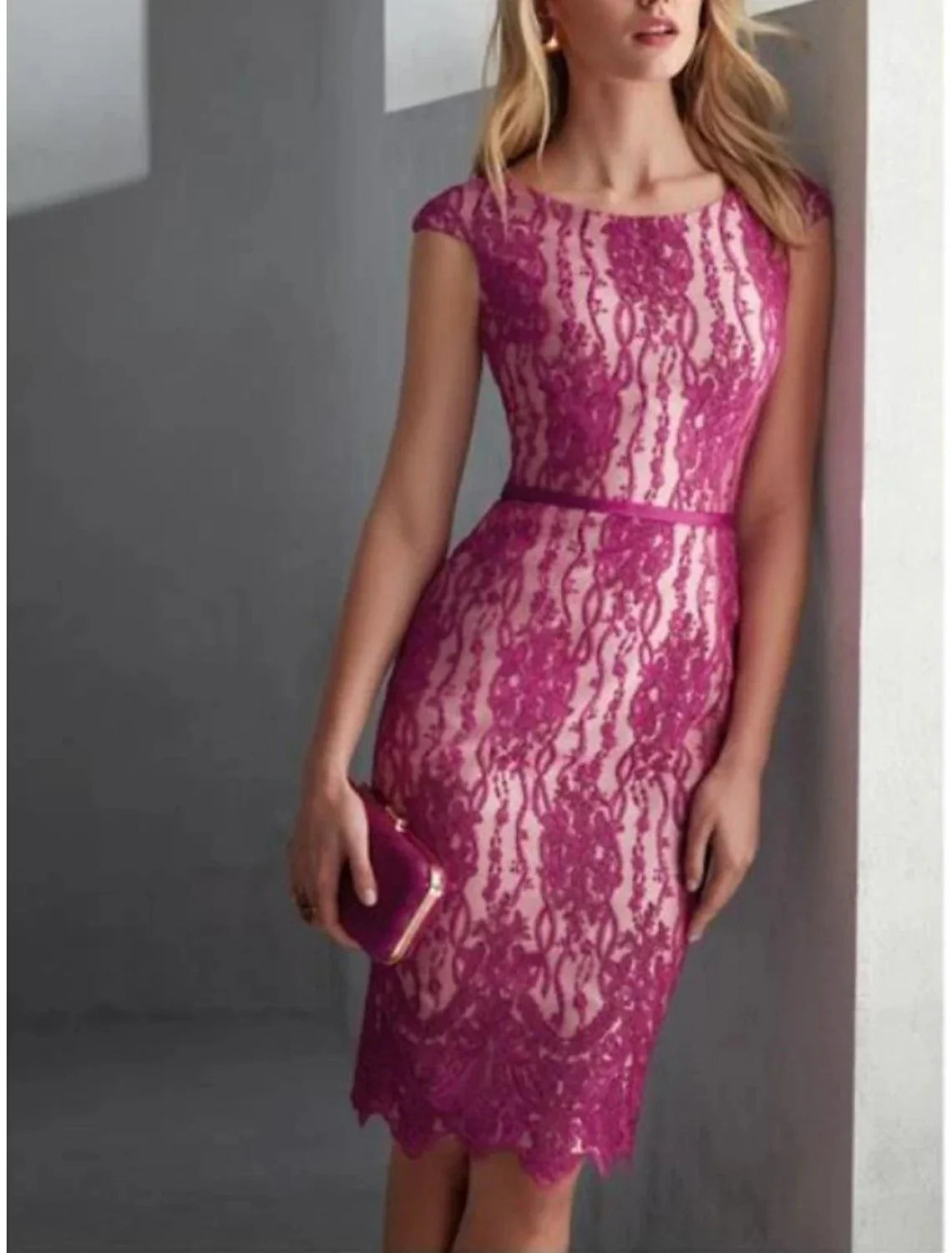 Vestido de duas peças para mãe da noiva, convidada de casamento, elegante, pequeno, decote redondo, comprimento até ao joelho, renda de cetim, manga 3/4 com laço(s), franzido, cor sólida