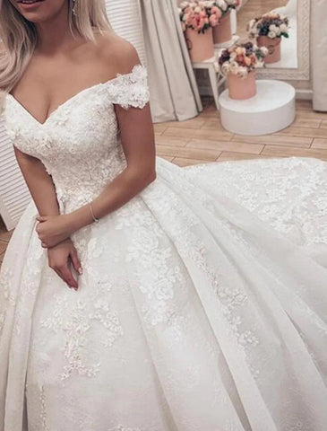 Verlobungs- und formelle Brautkleider Ballkleid mit schulterfreiem Flügelärmeln Kapellenschleppe, Spitze, Brautkleider mit Applikationen, Sommer- und Herbsthochzeitsfeier