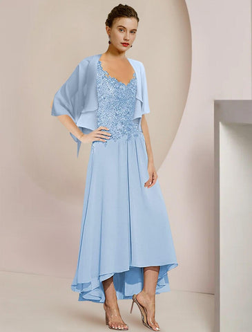 Zweiteiliges A-Linien-Kleid für die Mutter der Braut, formelle Hochzeitsgäste, elegant, hoher und niedriger V-Ausschnitt, asymmetrische Teelänge, Chiffon-Spitze, 3/4-Ärmel, Wickelkleid inklusive Pailletten-Applikationen