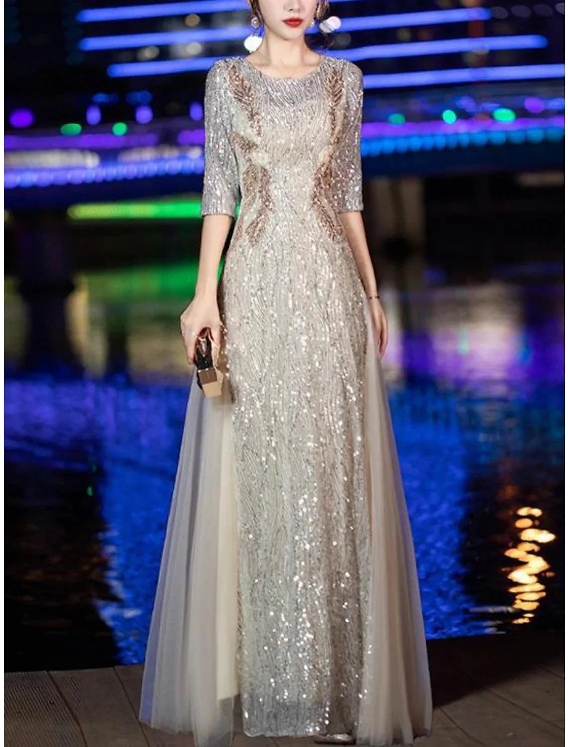 Vestido tubinho/coluna para mãe da noiva, festa de casamento, brilho e cintilante, pequeno, decote redondo, comprimento até ao chão, tule, lantejoulas, meia manga com pregas