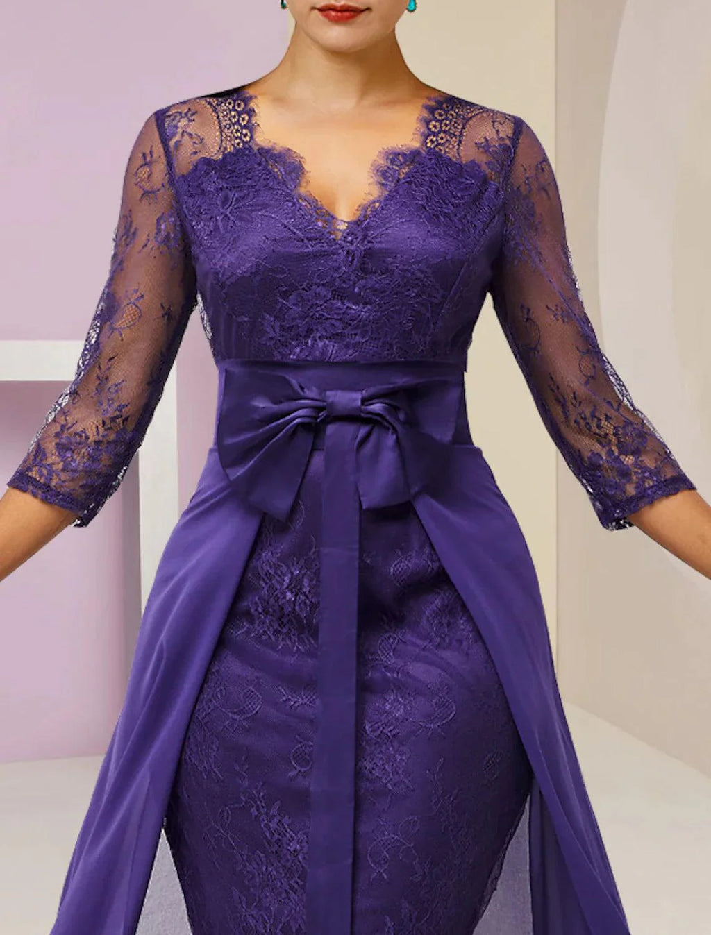 Vestido de mãe da noiva de duas peças, estilo coluna, formal, para casamento no outono, elegante, destacável, decote em V, comprimento até ao joelho, chiffon, renda, manga 3/4 com laço(s)