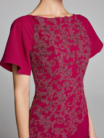 Meerjungfrau/Trompete Kleid für die Brautmutter, U-Boot-Ausschnitt, bodenlang, Chiffon, Spitze, kurze Ärmel mit Spitze, Schlitz vorne