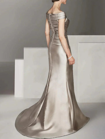 Formeller Hochzeitsgast, elegant, U-Ausschnitt, schulterfrei, bodenlang, knöchellang, italienischer Satin, Flügelärmel mit Rüschen, Kleid für die Brautmutter