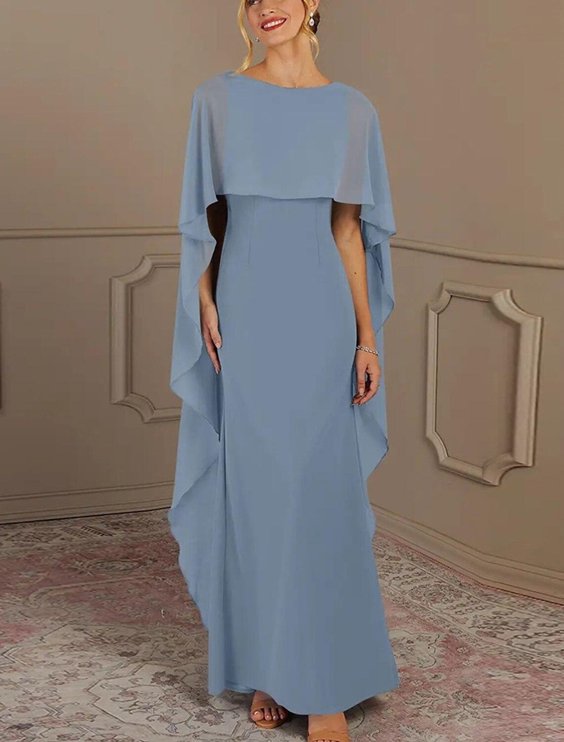 Vestido tubinho/coluna para mãe da noiva, convidada formal para casamento, elegante, simples, decote em joia, comprimento até ao chão, chiffon, sem mangas, com drapeado lateral, cor sólida