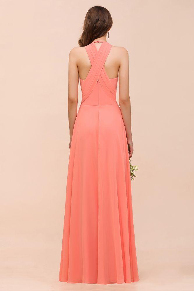 Robe de demoiselle d'honneur longue et colorée pastèque à col en V
