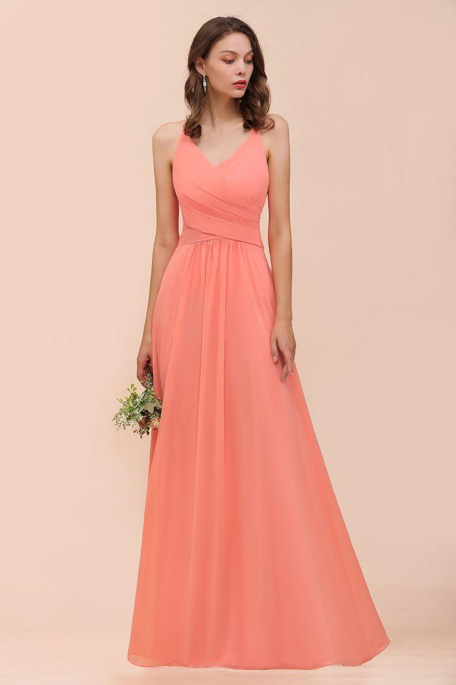 Robe de demoiselle d'honneur longue et colorée pastèque à col en V