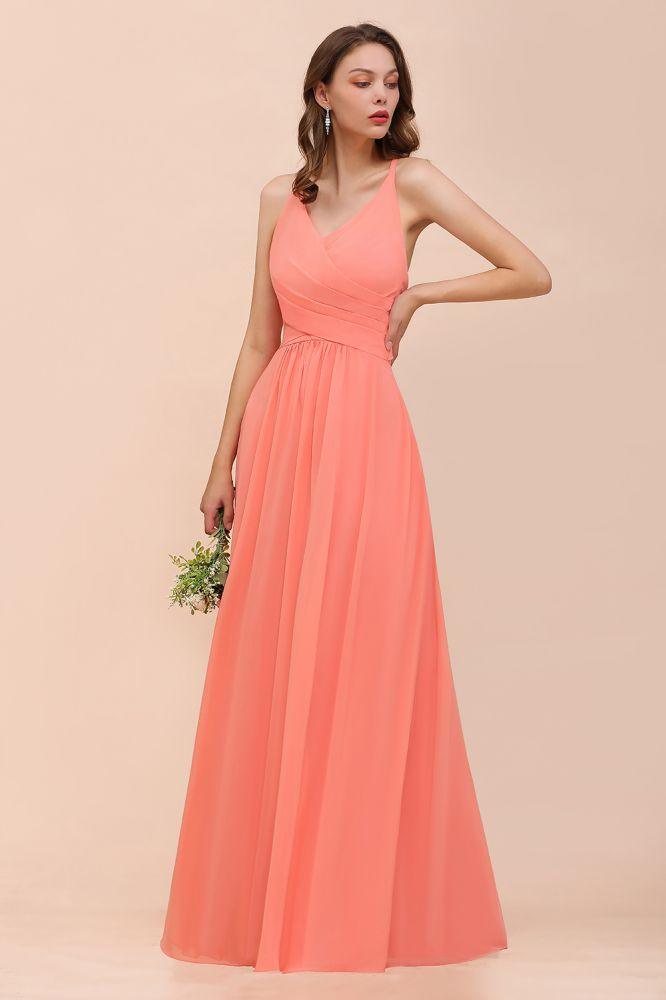 Watermelon Colorful Bridesmaid Maxi Dress Floor-Length V-Neck Maid of Honor Dress