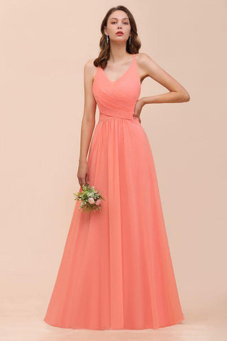 Wassermelonenfarbenes Maxikleid für Brautjungfern, bodenlanges Kleid mit V-Ausschnitt