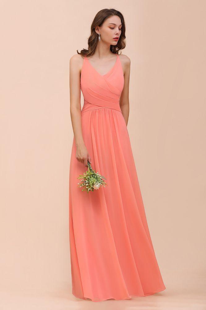 Robe de demoiselle d'honneur longue et colorée pastèque à col en V
