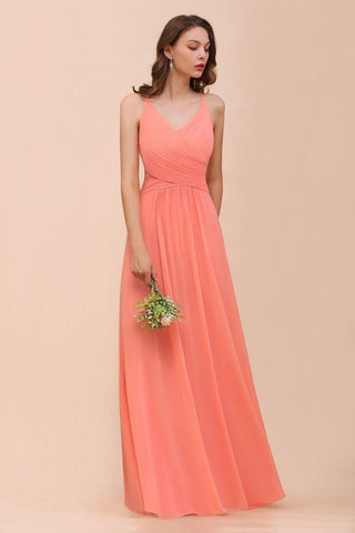 Wassermelonenfarbenes Maxikleid für Brautjungfern, bodenlanges Kleid mit V-Ausschnitt