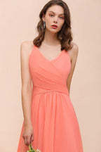 Robe de demoiselle d'honneur longue et colorée pastèque à col en V