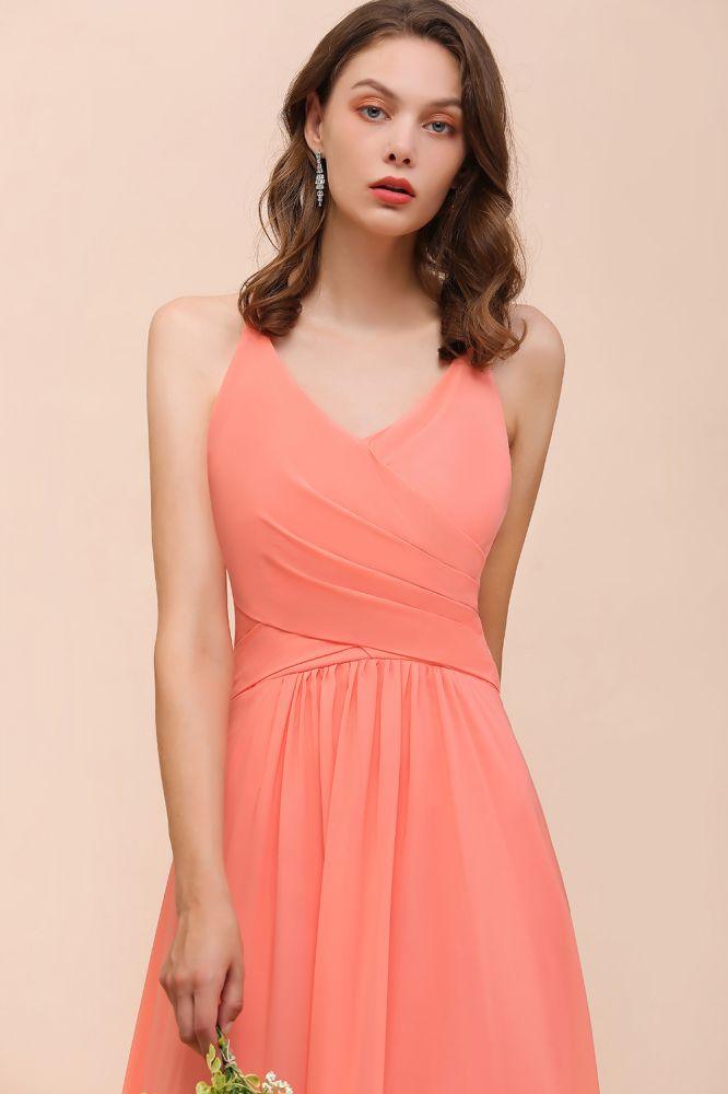 Robe de demoiselle d'honneur longue et colorée pastèque à col en V