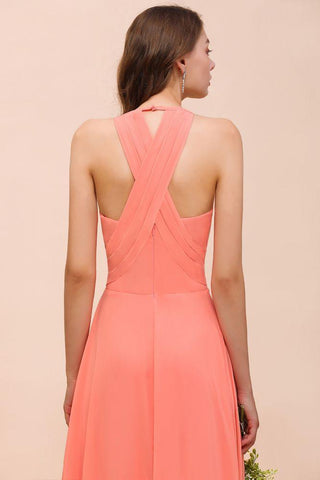 Wassermelonenfarbenes Maxikleid für Brautjungfern, bodenlanges Kleid mit V-Ausschnitt