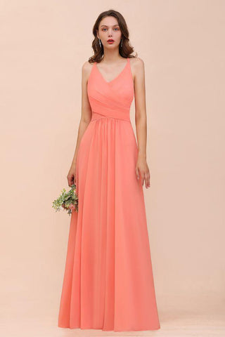 Wassermelonenfarbenes Maxikleid für Brautjungfern, bodenlanges Kleid mit V-Ausschnitt