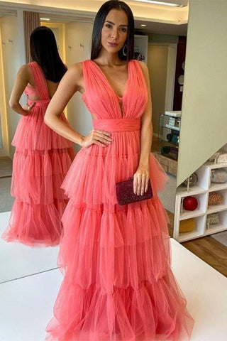 Watermelon A-line V-neck Sleeveless Tulle Long Backless Prom Dress