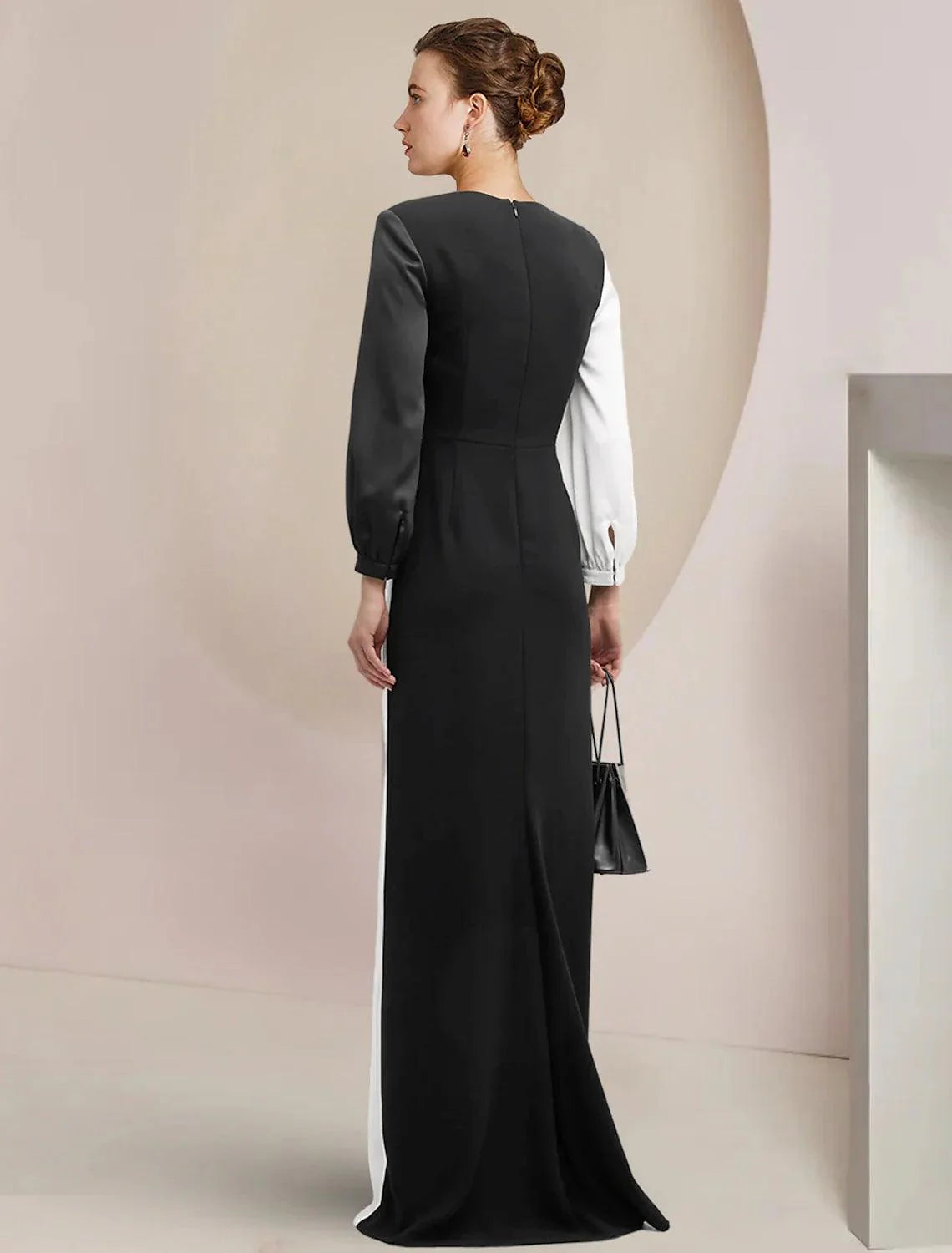 Vestido tubinho/coluna para mãe da noiva, festa formal para convidados de casamento, elegante, decote em V, comprimento até ao chão, cetim elástico, manga 3/4 com blocos de cor