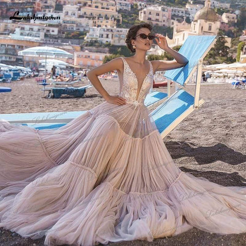 NumberSea Brautkleid mit V-Ausschnitt, Country-Stil, Tüll, Strand