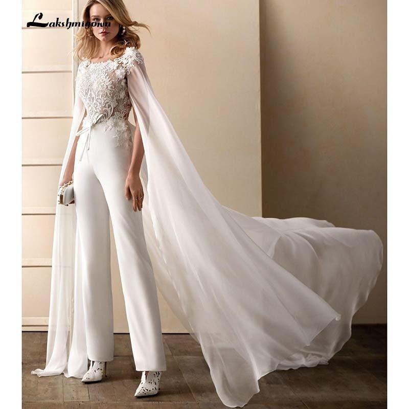 NumberSea Wedding Dress Jumpsuits With Wrap Floral Appliqued Short Sleeves