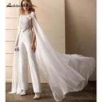 NumberSea Wedding Dress Jumpsuits With Wrap Floral Appliqued Short Sleeves