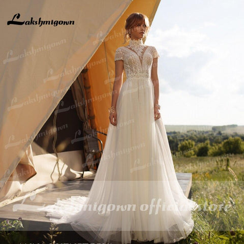 NumberSea Brautkleid Spitze Tüll Hoher Hals Flügelärmel A-Linie