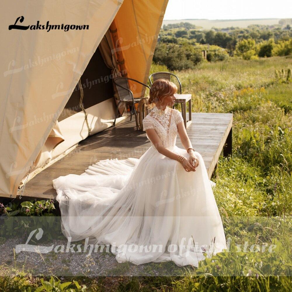 NumberSea Wedding Dress Lace Tulle High Neck Cap Sleeves A Line