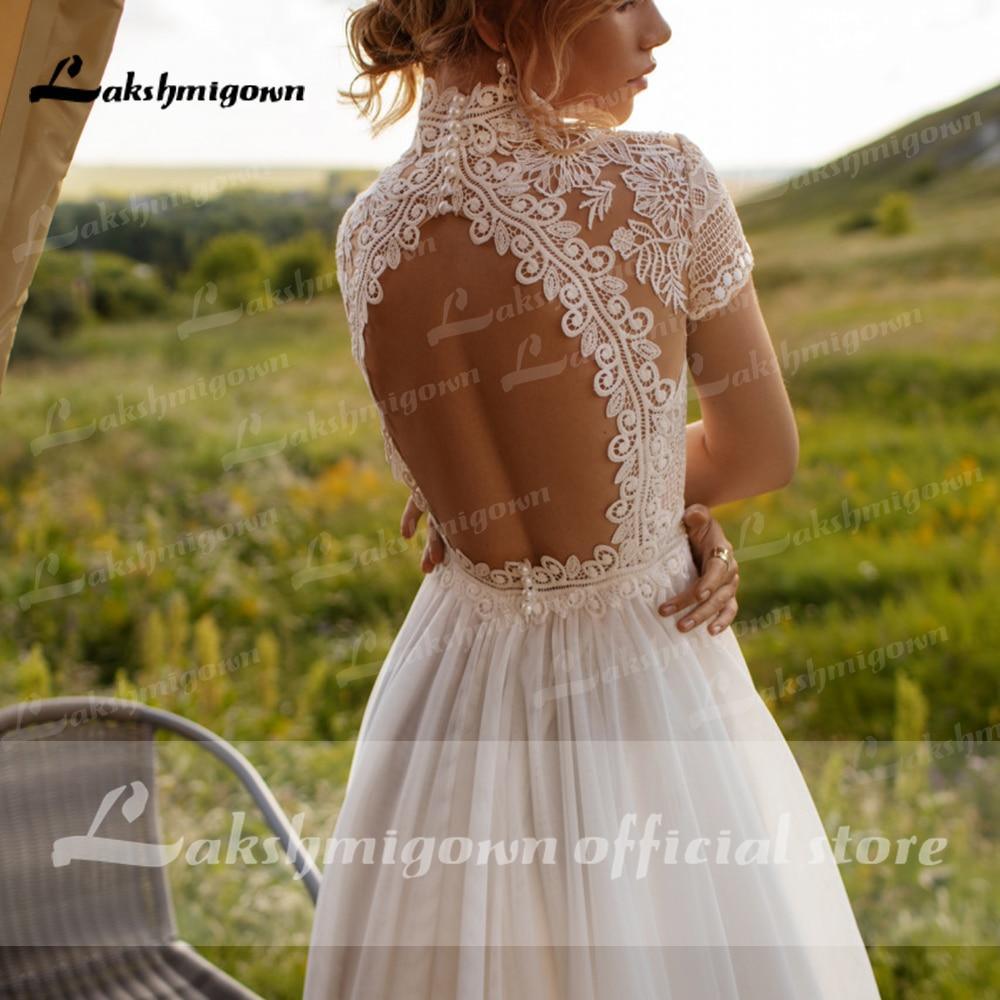 NumberSea Wedding Dress Lace Tulle High Neck Cap Sleeves A Line