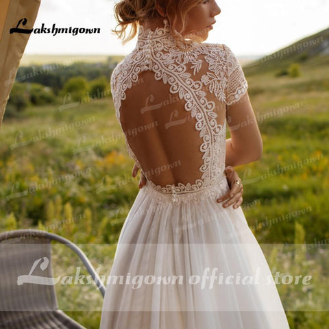NumberSea Brautkleid Spitze Tüll Hoher Hals Flügelärmel A-Linie
