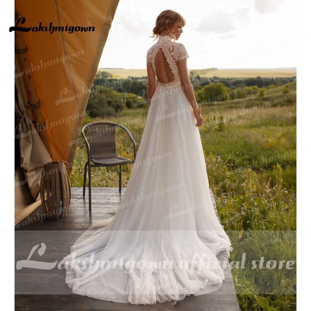 NumberSea Wedding Dress Lace Tulle High Neck Cap Sleeves A Line