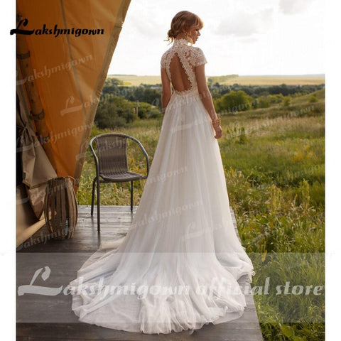 NumberSea Brautkleid Spitze Tüll Hoher Hals Flügelärmel A-Linie