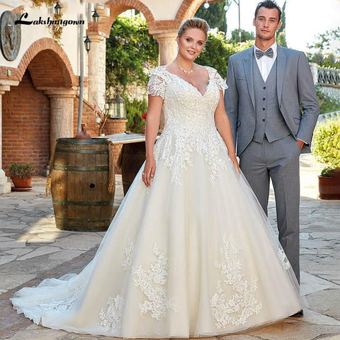 NumberSea Brautkleid mit kurzen Ärmeln, sexy V-Ausschnitt und Spitze