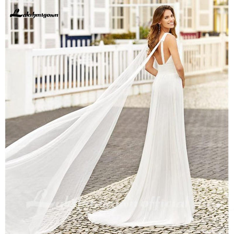 NumberSea Einfache Brautkleider A-Linie Sexy V-Ausschnitt Applikationen