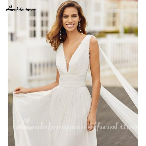 NumberSea Einfache Brautkleider A-Linie Sexy V-Ausschnitt Applikationen