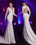 NumberSea Robes de mariée à encolure en V profond à manches longues