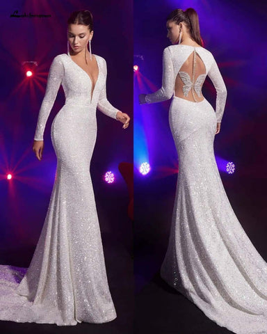 NumberSea Brautkleider Tiefer V-Ausschnitt Lange Ärmel