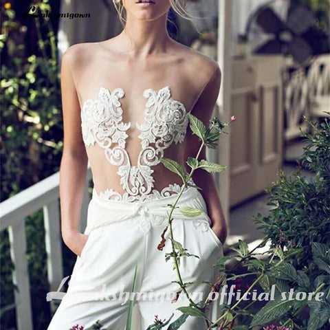 NumberSea Brautkleider Jumpsuit mit abnehmbarem Rock Spitzenapplikationen