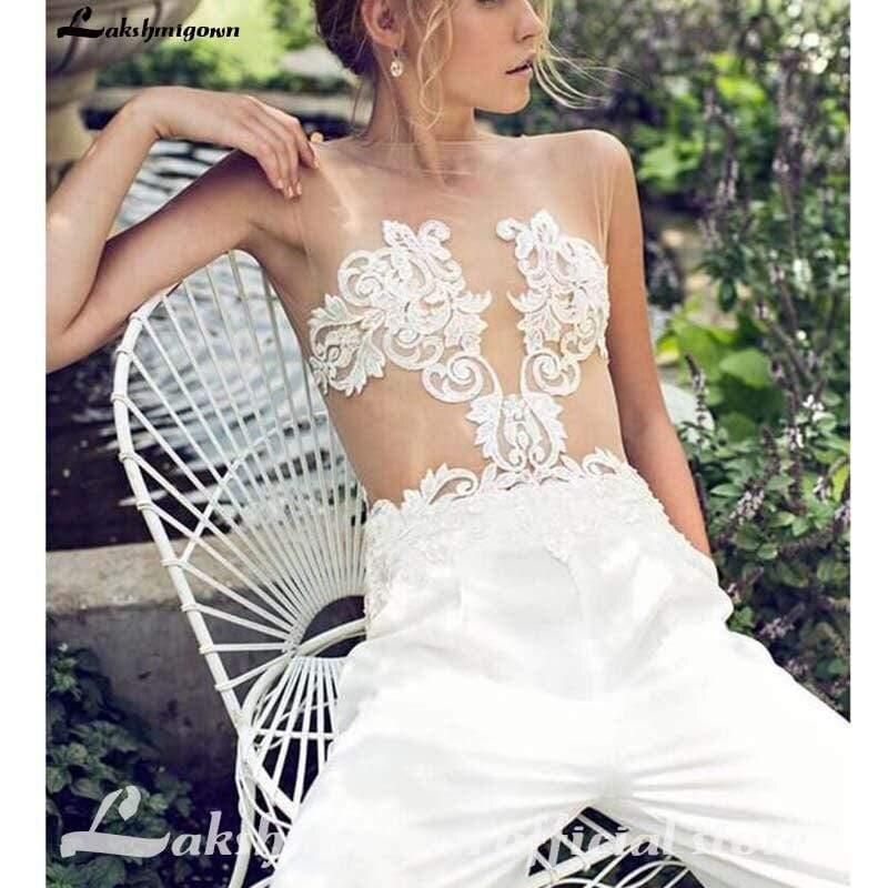 NumberSea Wedding Dresses Jumpsuit with Removable Skirt Lace Appliques