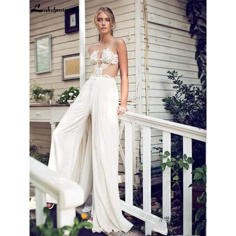 NumberSea Brautkleider Jumpsuit mit abnehmbarem Rock Spitzenapplikationen