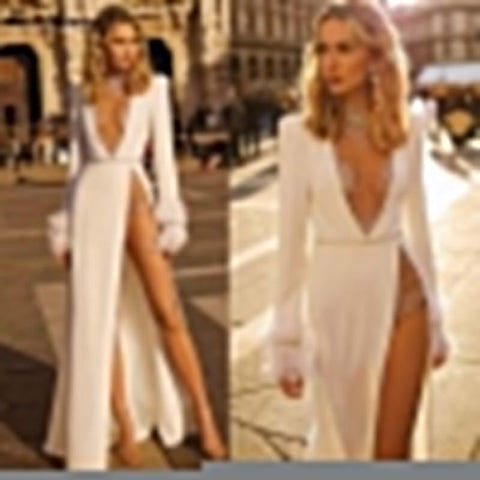 Vestidos de noiva NumberSea, macacões, missangas, gola alta, manga comprida