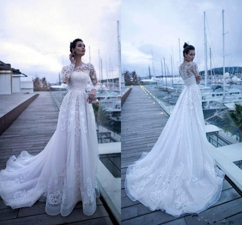 NumberSea Brautkleider Spitze Applique Langarm O-Ausschnitt