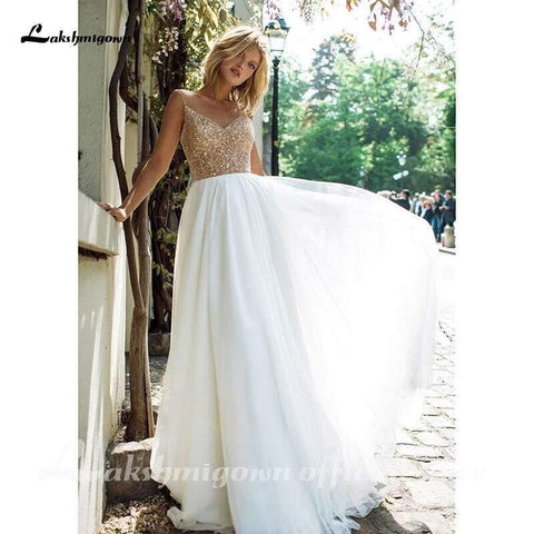 NumberSea Brautkleider Luxus Top Pailletten Rückenfrei