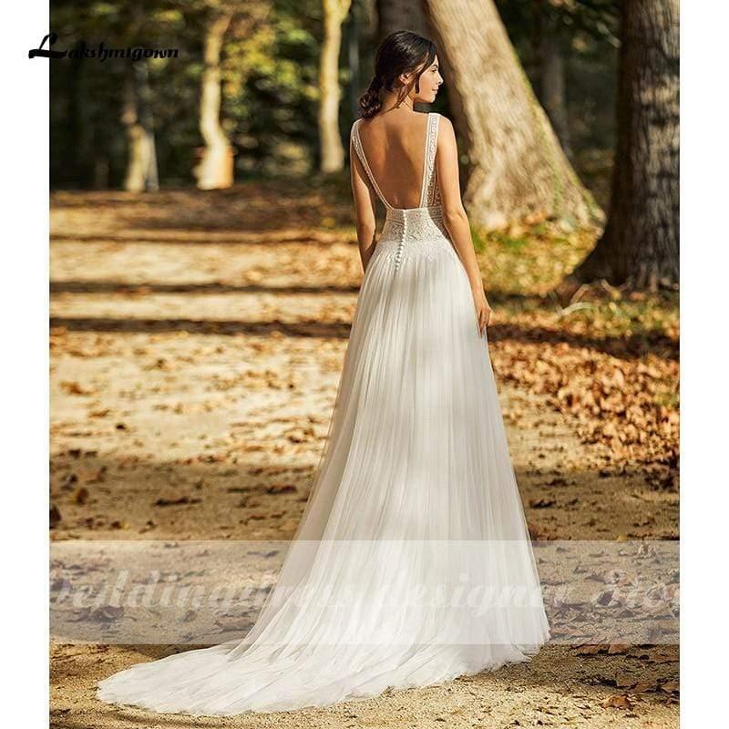 NumberSea Wedding Dresses Open Back Lace Tulle Bridal Gown Scoop Neck