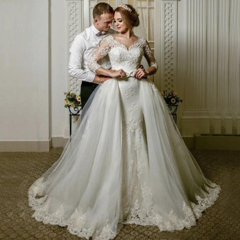 NumberSea Brautkleider V-Ausschnitt transparente Illusion 3/4 lange Ärmel
