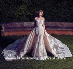 Vestidos de noiva NumberSea com cauda removível e costas nuas, aplicações de renda