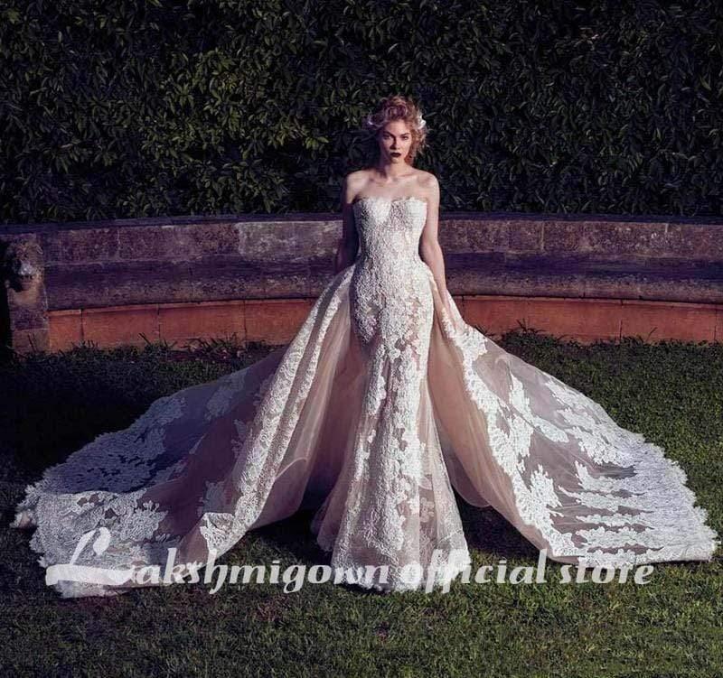 NumberSea Wedding Dresses With Detachable Train  Backless Lace Applique Bridal Gowns