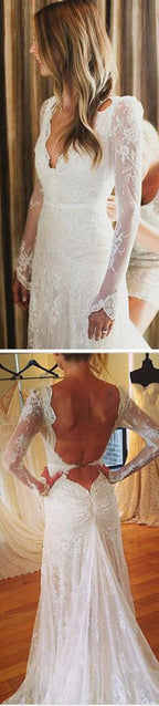 Weißes Tüll-Spitzen-Brautkleid mit offenem Rücken und V-Ausschnitt, Meerjungfrau-Stil, Langarm, MW177 
