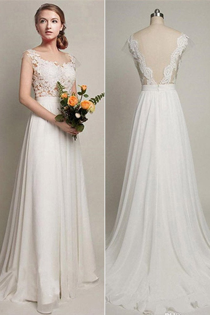 Vestidos de festa de casamento em chiffon com decote em A e costas em V, vestido de noiva comprido com renda simples, MW131 