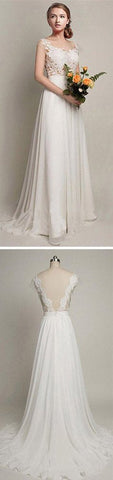 Chiffon A-Linie V-Rücken Hochzeitspartykleider, Einfaches langes Spitzenhochzeitskleid, MW131 