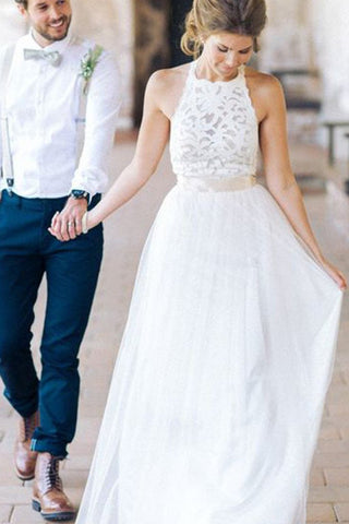Einfaches weißes Neckholder-Spitzen-Lang-Etuikleid für die Strandhochzeit, Brautkleider, MW241 