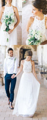 Einfaches weißes Neckholder-Spitzen-Lang-Etuikleid für die Strandhochzeit, Brautkleider, MW241 
