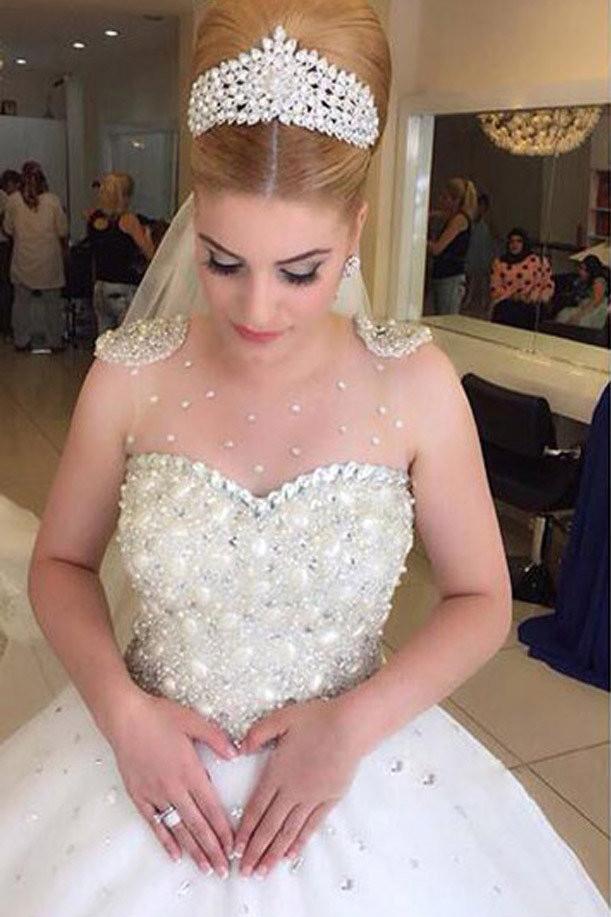 Fabelhafte Brautkleider aus Tüll mit luxuriöser Strass-Illusionsperlenverzierung, MW207 